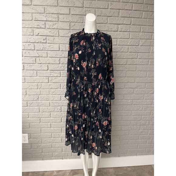 Elegant Floral Pleated Chiffon Midi Dress with Long Sleeve Size L - Picture 1 of 7